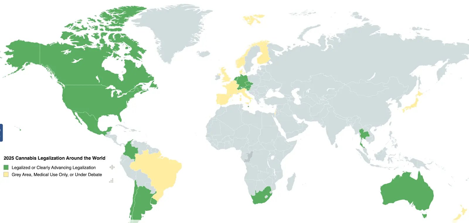 Kaart van de wereldwijde legalisering van cannabis in 2025
