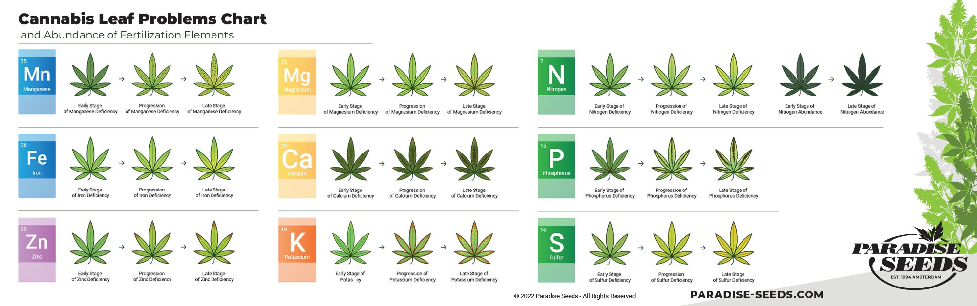 Tabelle der Cannabisnährstoffprobleme - Mangel und Überfluss  
